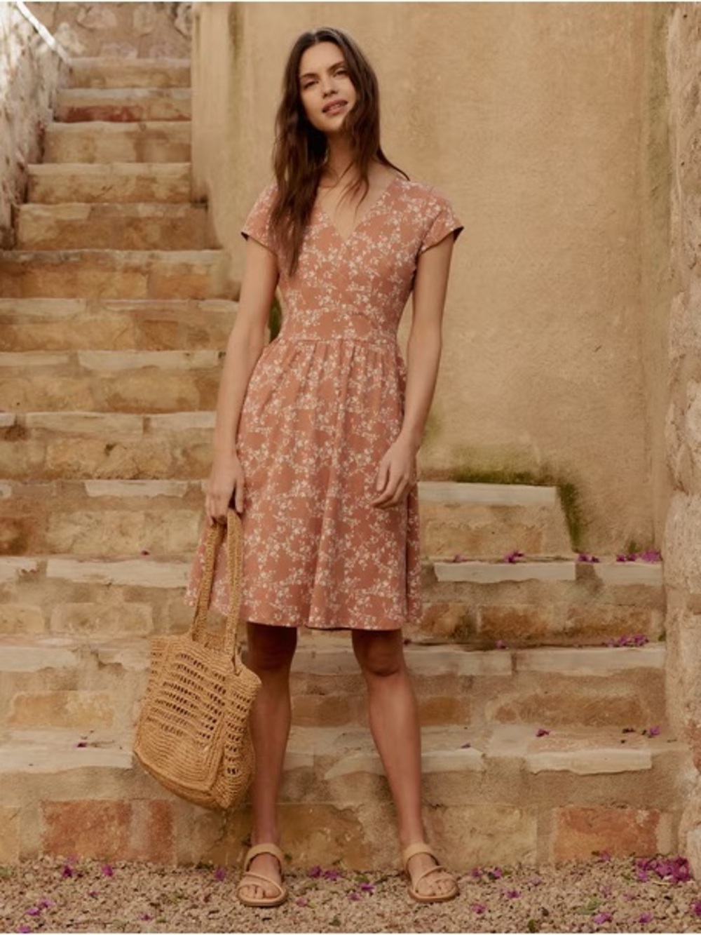 Pact Fit & Flare Ochre Peach Tan Crossover Midi Dress XS - Picture 6 of 6